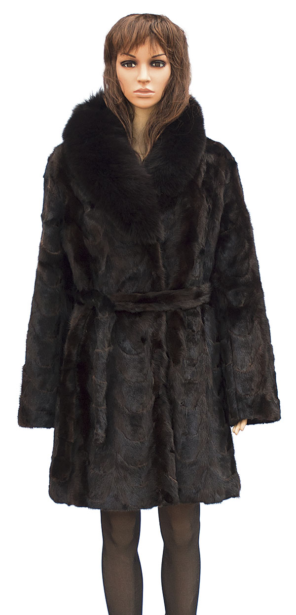 Winter Fur Ladies Brown Front Paws 3/4 Coat With Fox Collar And Belt W69Q06BR